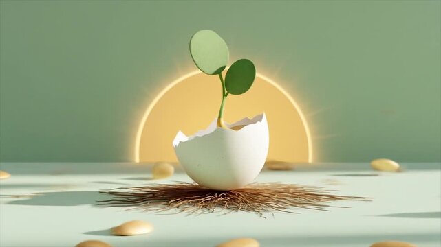 New life concept plant growing from eggshell in studio environment