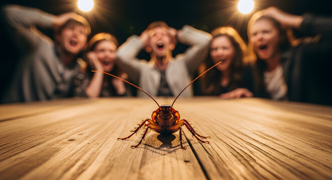 Cockroach on a wooden table with people reacting in horror