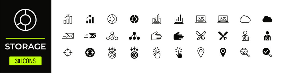 Storage and data management icons for cloud storage, data analysis, and digital organization, with files, servers, and analytics symbols