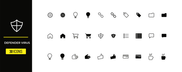 Virus defender icons for cybersecurity, antivirus protection, and online security concepts, featuring shields, locks, and threats