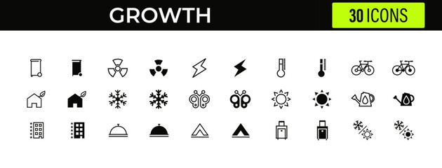Growth and development icons for business, economics, and progress, featuring charts, plants, and cityscapes