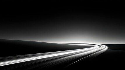 Abstract Curved Road with Light Trails in Black and White Aesthetic