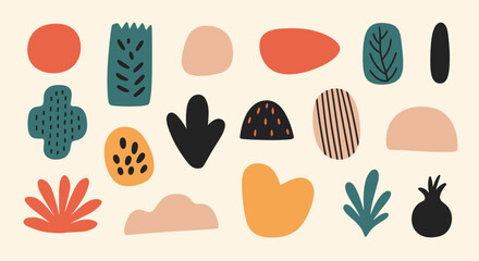 Abstract illustration of various shapes and plants displayed together in a minimalist composition