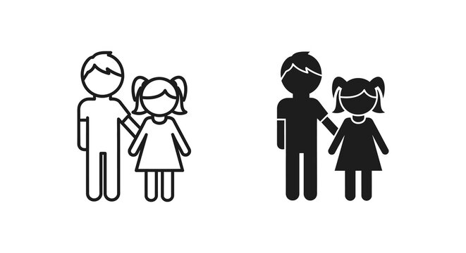 A simple black and white illustration depicts two sets of figures a boy and a girl side by side