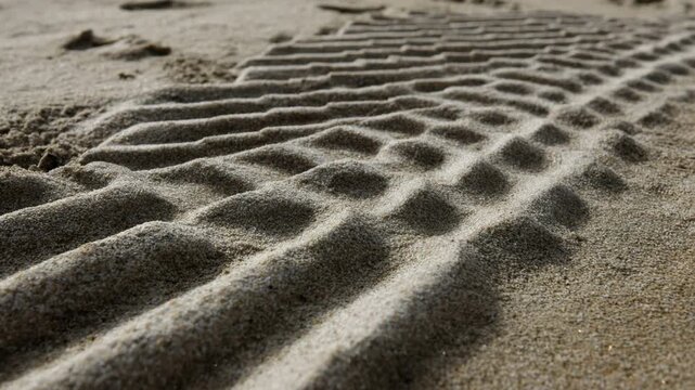 A camera slowly flies over the embossed tire tracks left on the dry coarse sand of the seacoast in the bright rays of the sun
