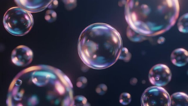 Numerous iridescent bubbles floating gracefully in a dark, mysterious space, reflecting a spectrum of vibrant colors, creating a magical and dreamlike abstract background