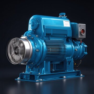 blue industrial water pump with an asynchronous electric motor, metallic surfaces with subtle reflections, isolated on a dark background, photorealistic industrial equipment photography