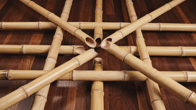 Abstract Arrangement of Natural Bamboo Poles Forming a Geometric Pattern on a Richly Textured Wooden Floor With Warm Lighting Creating Subtle Shadows