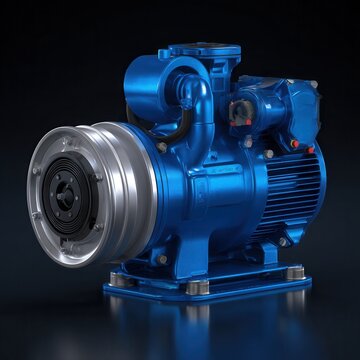 blue industrial water pump with an asynchronous electric motor, metallic surfaces with subtle reflections, isolated on a dark background, photorealistic industrial equipment photography