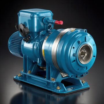 blue industrial water pump with an asynchronous electric motor, metallic surfaces with subtle reflections, isolated on a dark background, photorealistic industrial equipment photography