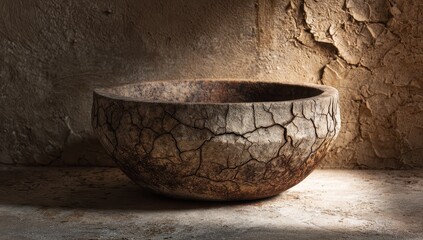 Fototapeta premium Rustic Cracked Clay Bowl on Textured Surface, Dramatically Lit Against Peeling Wall.