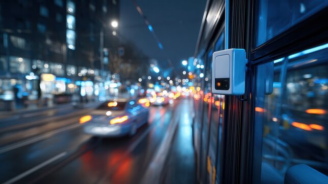 close-up of a driverless bus radar sensor detecting surrounding traffic, urban city environment at night, motion blur of passing cars and glowing city lights, futuristic autonomous vehicle 