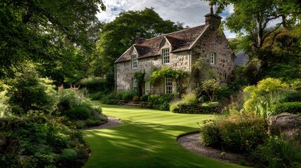 Charming Stone Cottage Nestled Amidst Lush Green Gardens and Verdant Trees.
