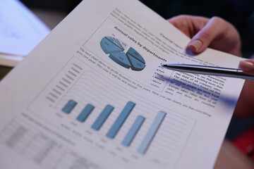 A person attentively presents a report during a business meeting, pointing at clear graphs that display annual sales data by department. The atmosphere is focused and professional.