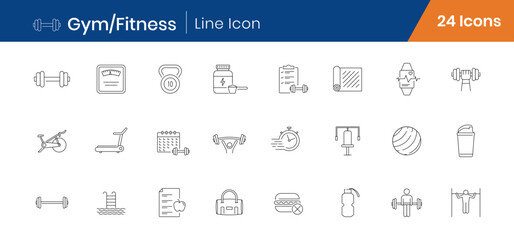 Gym and Fitness Outline Icons Set of 24. Workout Equipment, Training, Exercise Linear Vector Editable Stroke