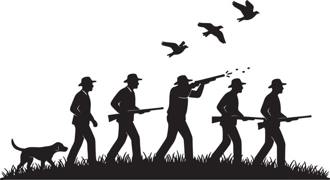 Black silhouette hunters with dog and birds in flight over grassy field also transparent background