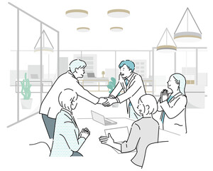 オフィスでミーティングするビジネスパーソンー契約成立し握手するシーンービジネスチームのイラスト素材