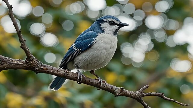 A beautiful blue jay perched on a tree branch with a blurred background of autumn leaves.