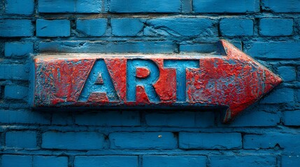 Fototapeta premium Rustic Red Arrow Sign Pointing Towards Art on a Textured Blue Brick Wall.