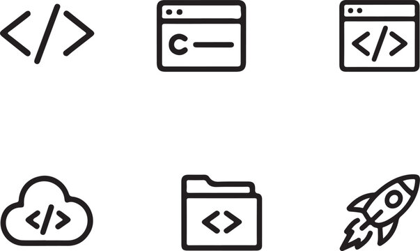 A collection of minimalist black and white icons representing coding cloud services and deployment high quality professional