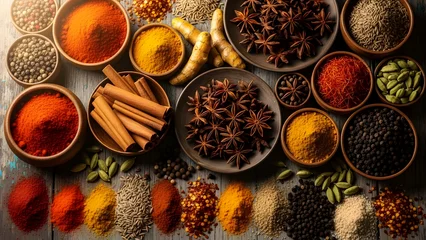 Spice Assortment: Colorful Powders, Whole Spices and Herbs on Table © beni