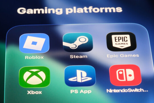 Shanghai,China-Feb.10th 2026: Steam, Roblox, Epic Games, Xbox, PS App and Nintendo Switch App. Assorted Gaming platforms