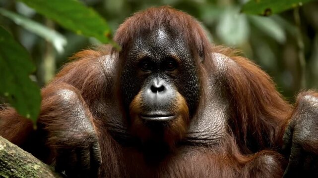 A close-up portrait of a mature Bornean orangutan with reddish-brown fur, looking directly at the camera from its arboreal habitat amidst lush green foliage.