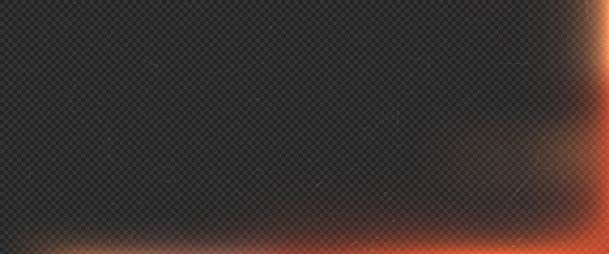 Dark transparent textured background with warm orange light leak and subtle film scratches, vintage burnt frame effect overlay for modern photo editing, video transitions and graphic design projects