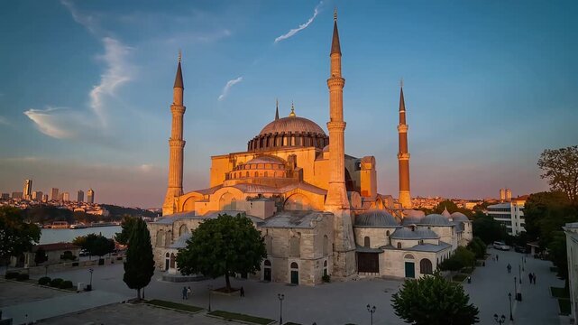 Hagia Sophia Mosque in Istanbul at Sunset, a Historic Landmark of Byzantine and Ottoman Architecture.