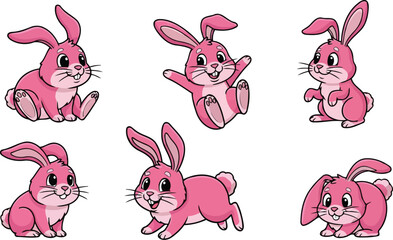 Obraz premium Cute pink cartoon rabbit vector set with different poses on white
