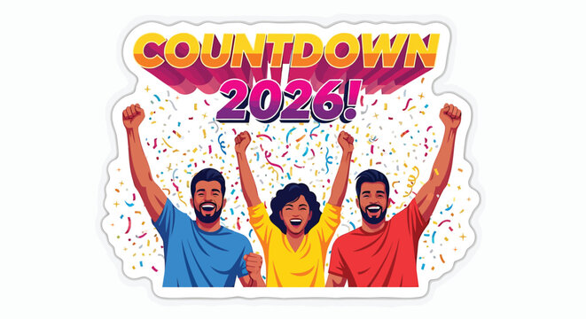 New Year celebration sticker with three people cheering, countdown 2026, confetti, colorful illustration for social media or party invitation, Isolated on transparent background, png