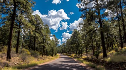 Obraz premium Scenic Forest Road Under a Bright Blue Sky with Fluffy Clouds.