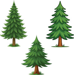Vector illustration of a green Christmas tree set featuring spruce, fir, and pine evergreens for a festive winter forest holiday celebration and New Year decoration