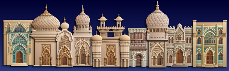 Arabic paper cut style vector illustration of an oriental city with mosques, domes, minarets and palm trees on dark blue background. Ramadan Kareem concept design.