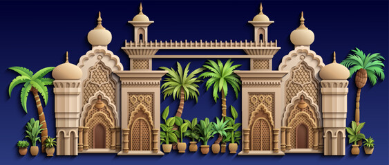 Arabic paper cut style vector illustration of an oriental city with mosques, domes, minarets and palm trees on dark blue background. Ramadan Kareem concept design.