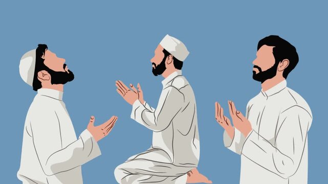 Cartoon animation of a Muslim man praying while raising his hands
