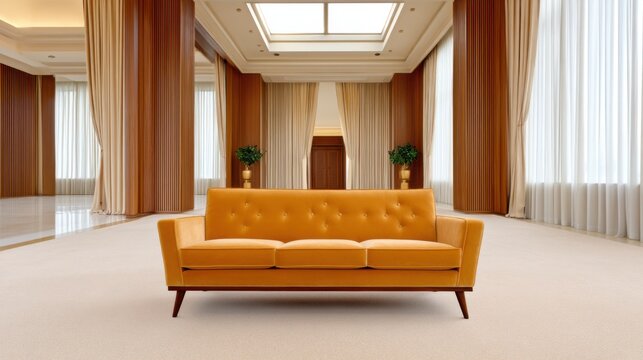 70s style room, centered velvet sofa, floor and walls covered in beige carpet, soft diffused light, muffled quiet