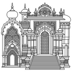 Black and white outline vector illustration of an ornate oriental palace entrance with stairs and palm trees. Detailed line art for coloring book or tattoo design.