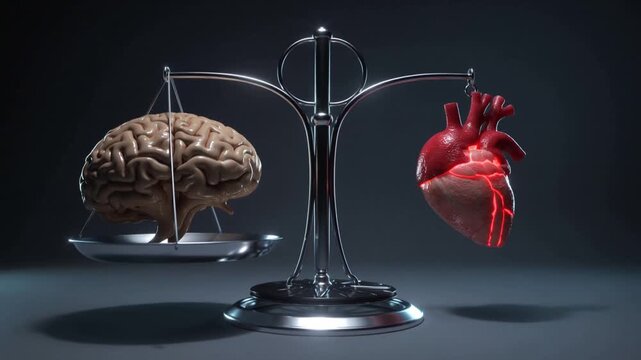 Brain and heart on metal balance scale with dark background, symbolizing decision making, emotion versus logic, health concept, mental and physical comparison.