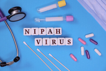 In a vibrant clinical space, blocks spell out Nipah virus alongside medical tools. This scene emphasizes the ongoing need for awareness and research into infectious diseases.