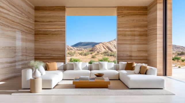 Earthy luxury living room, centered low linen modular sofa, rammed earth walls with layered sediment texture, warm golden hour light, view of desert dunes