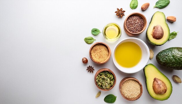 healthy fats showcase with avocados olive oil seeds and spices on white background flat lay composition with copy space nutrition and wellness concept design for diet guide healthy cooking blog