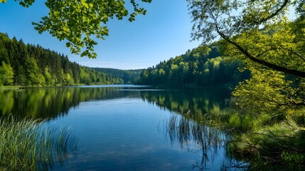 Fototapeta premium Serene Forest Lake Reflecting Lush Green Trees Under a Clear Blue Sky.