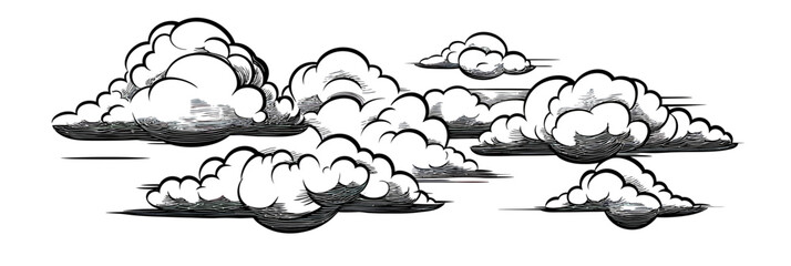 Set of black and white hand drawn vintage clouds collection with shading in flat minimalist vector style for weather or sky design elements illustration