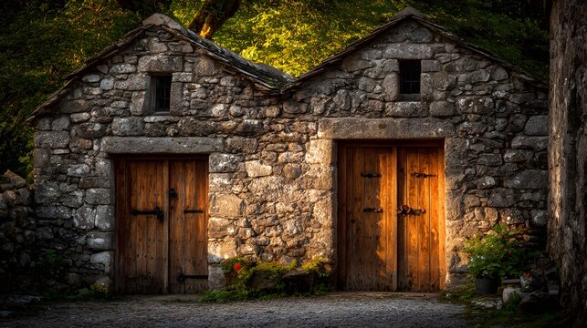 Rustic Stone Barns with Wooden Doors in Forest Setting.