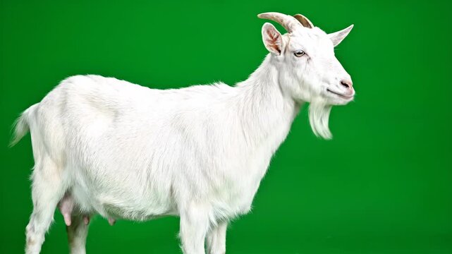 A white goat standing in profile against a vibrant green background, showcasing its white coat and horns