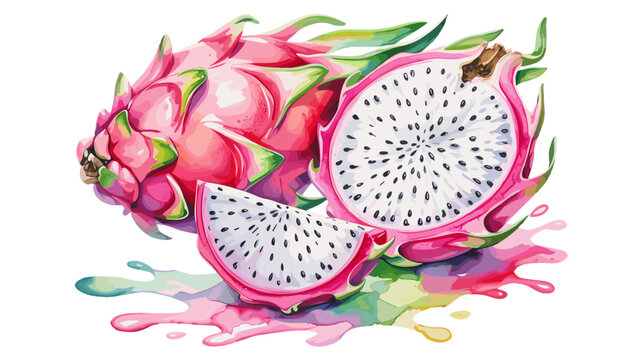 Fresh dragon fruit painted in watercolor with sliced halves and splash illustration