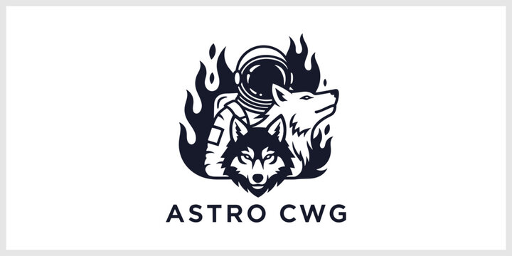 Astronaut Helmet with Wolves and Flames Monochrome Logo Design