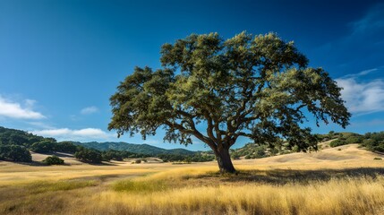 Obraz premium Majestic Oak Tree Stands Tall in Golden Field Under Vast Blue Sky.