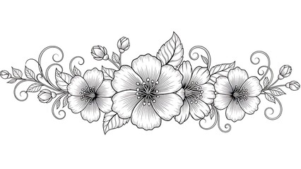 Detailed monochrome floral illustration with blooming flowers, leaves, buds, and ornate swirls